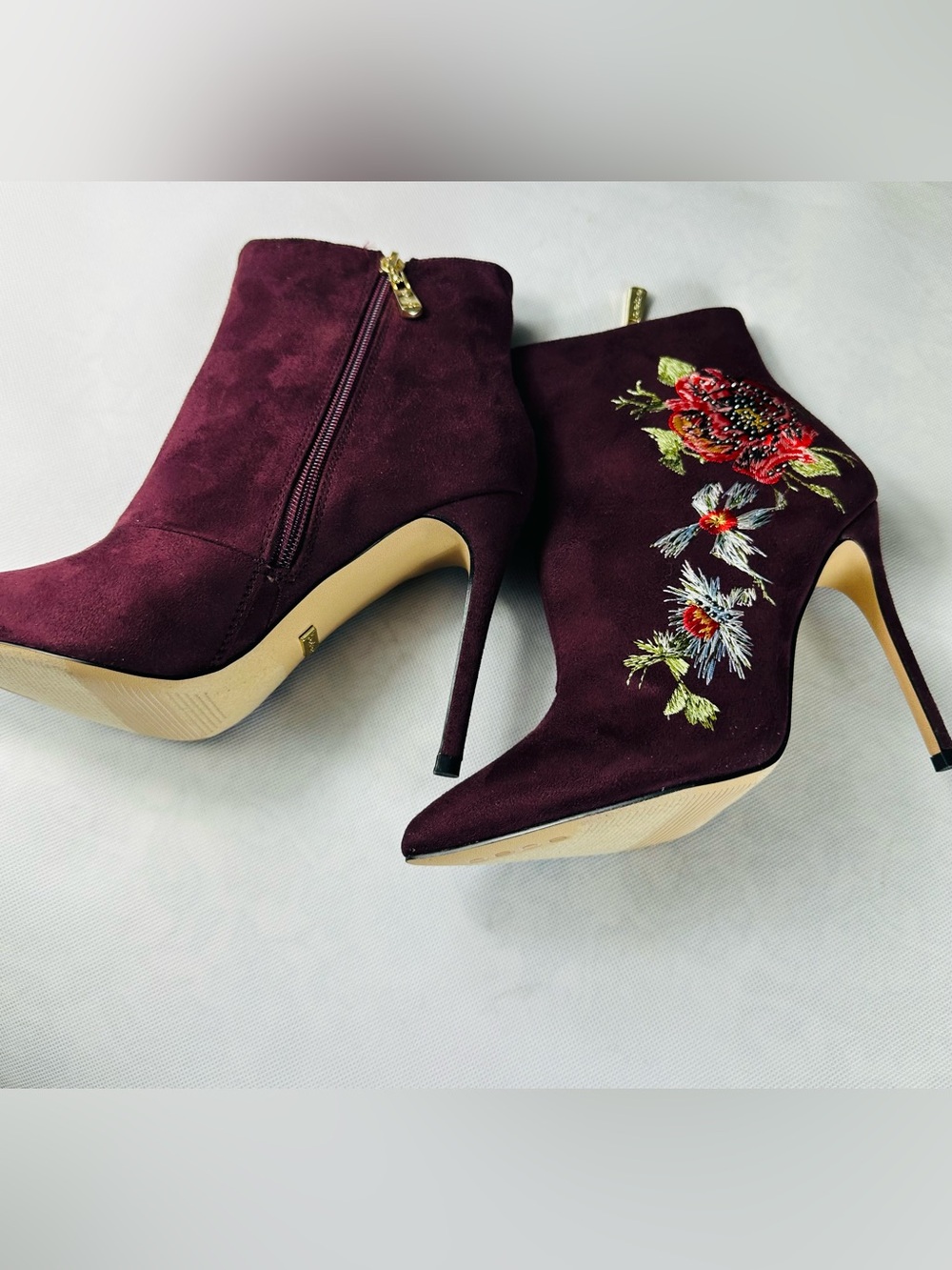 bebe Burgundy Floral Embroidered Pointed-Toe Ankle Booties - Picture 14 of 15